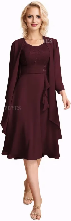 2 Piece Mother of The Bride Dresses for Wedding Chiffon Lace Applique 3/4 Sleeve Formal Evening Gowns with Jacket