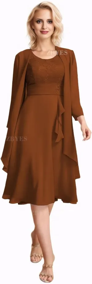 2 Piece Mother of The Bride Dresses for Wedding Chiffon Lace Applique 3/4 Sleeve Formal Evening Gowns with Jacket