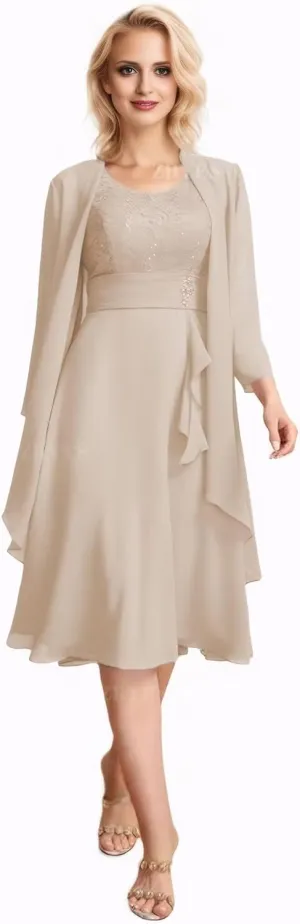 2 Piece Mother of The Bride Dresses for Wedding Chiffon Lace Applique 3/4 Sleeve Formal Evening Gowns with Jacket