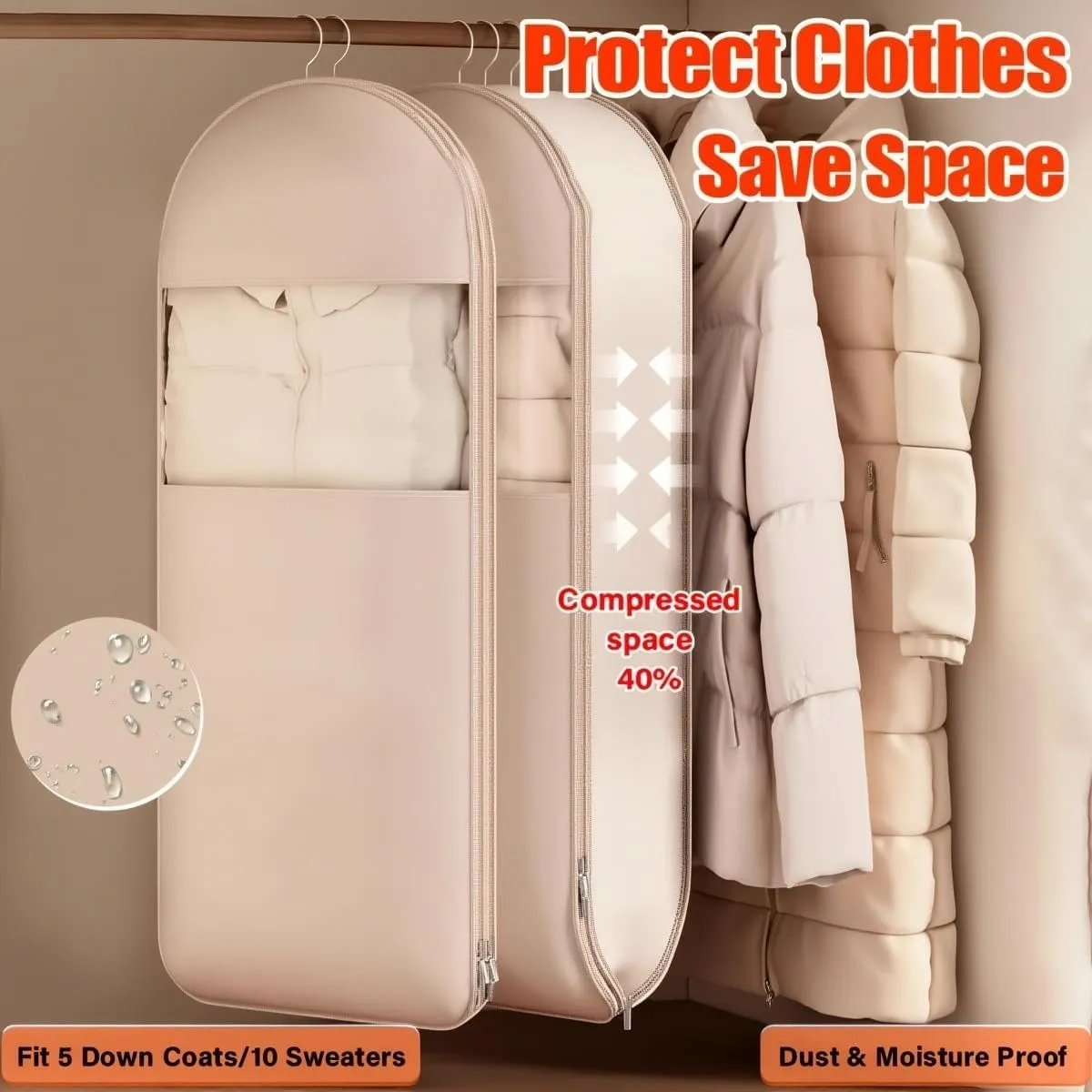 2025 Space Saving Hanging Garment Bag with Self Compression Zipper, Otherwise Garment Bags, Heavy Duty Garment Bag for down Coat (Gray, M)