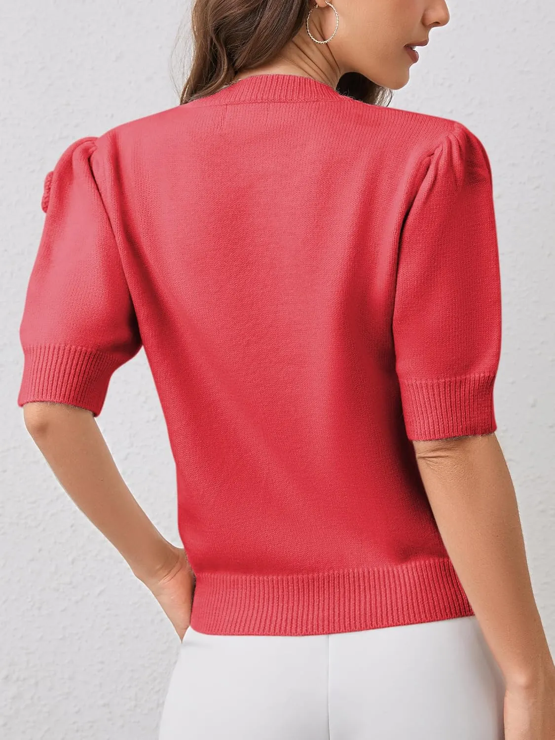 2025 Summer to Fall Puff Short Sleeve Sweater Crew Neck Floral Knit Tops Trendy Lightweight Pullover for Women
