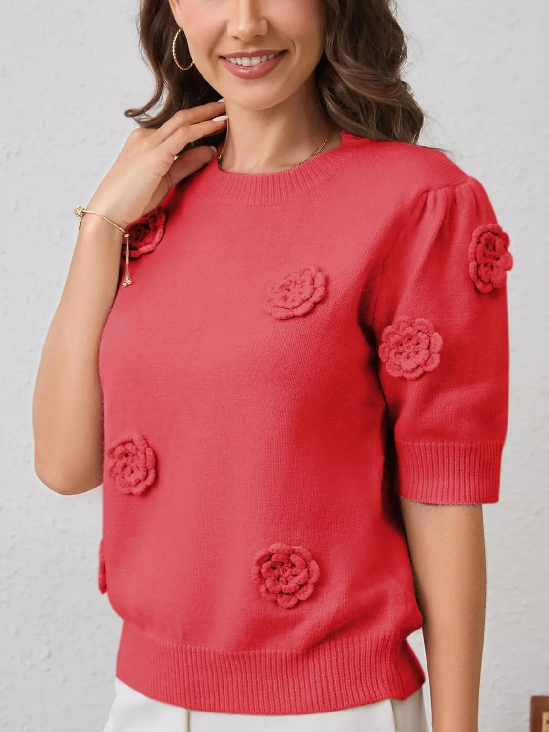 2025 Summer to Fall Puff Short Sleeve Sweater Crew Neck Floral Knit Tops Trendy Lightweight Pullover for Women