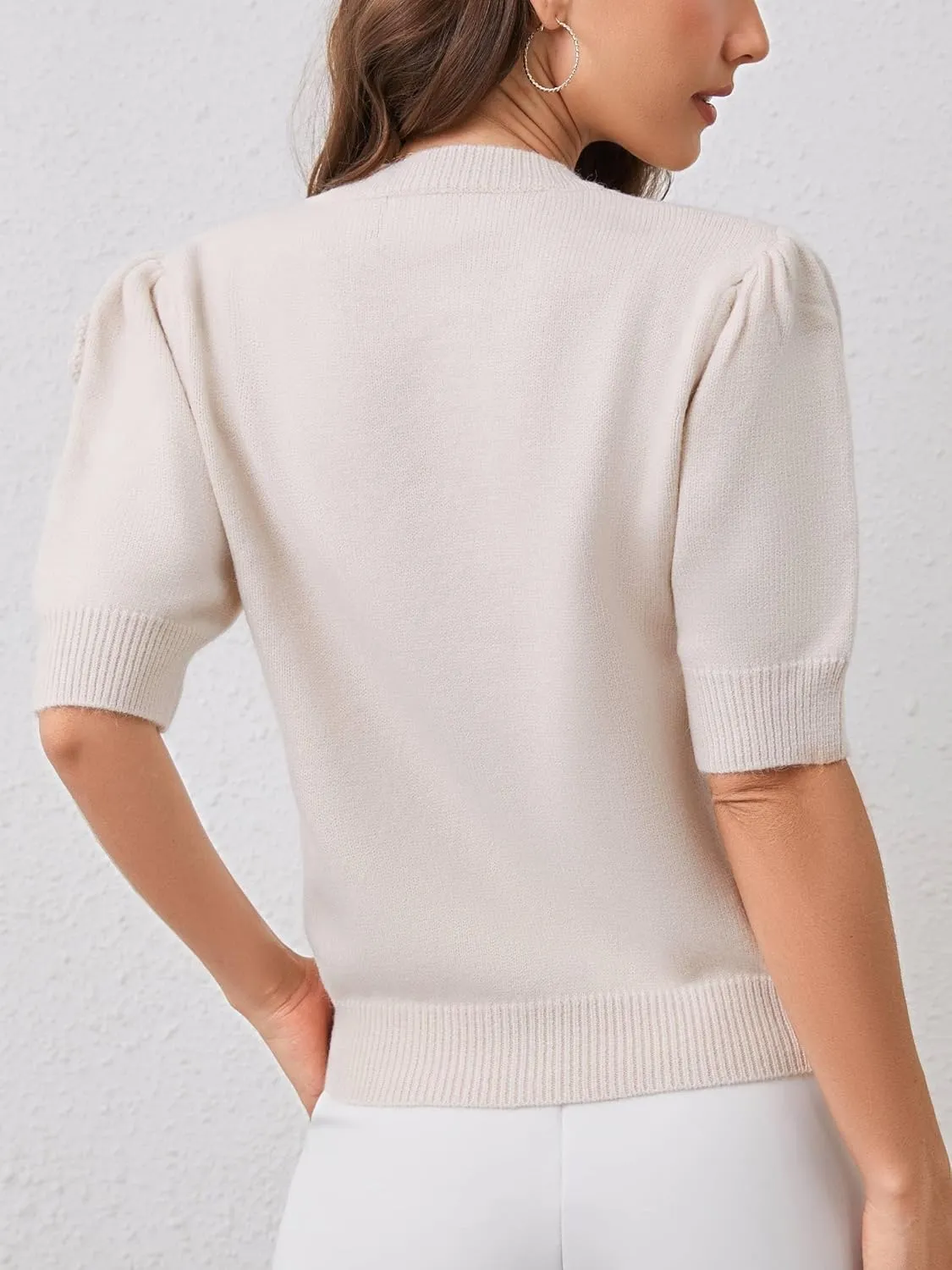 2025 Summer to Fall Puff Short Sleeve Sweater Crew Neck Floral Knit Tops Trendy Lightweight Pullover for Women