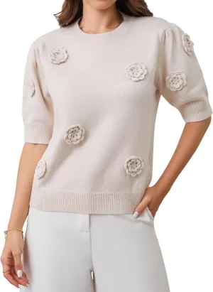 2025 Summer to Fall Puff Short Sleeve Sweater Crew Neck Floral Knit Tops Trendy Lightweight Pullover for Women