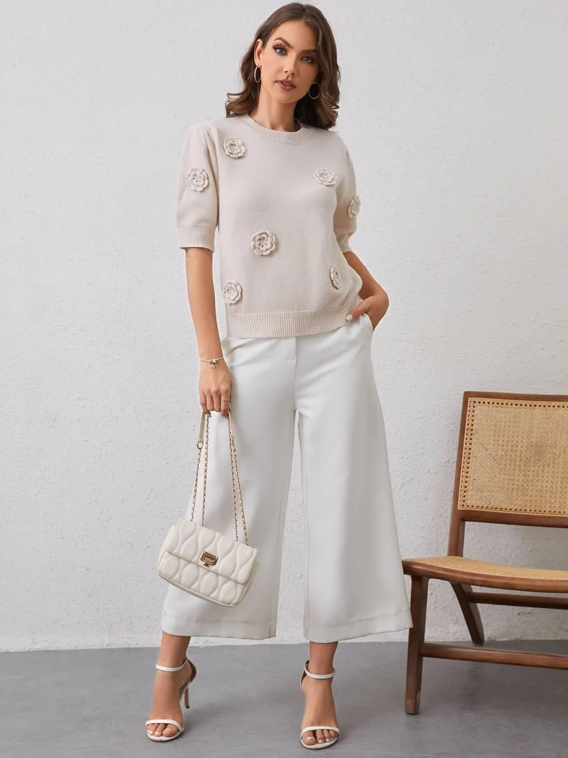 2025 Summer to Fall Puff Short Sleeve Sweater Crew Neck Floral Knit Tops Trendy Lightweight Pullover for Women
