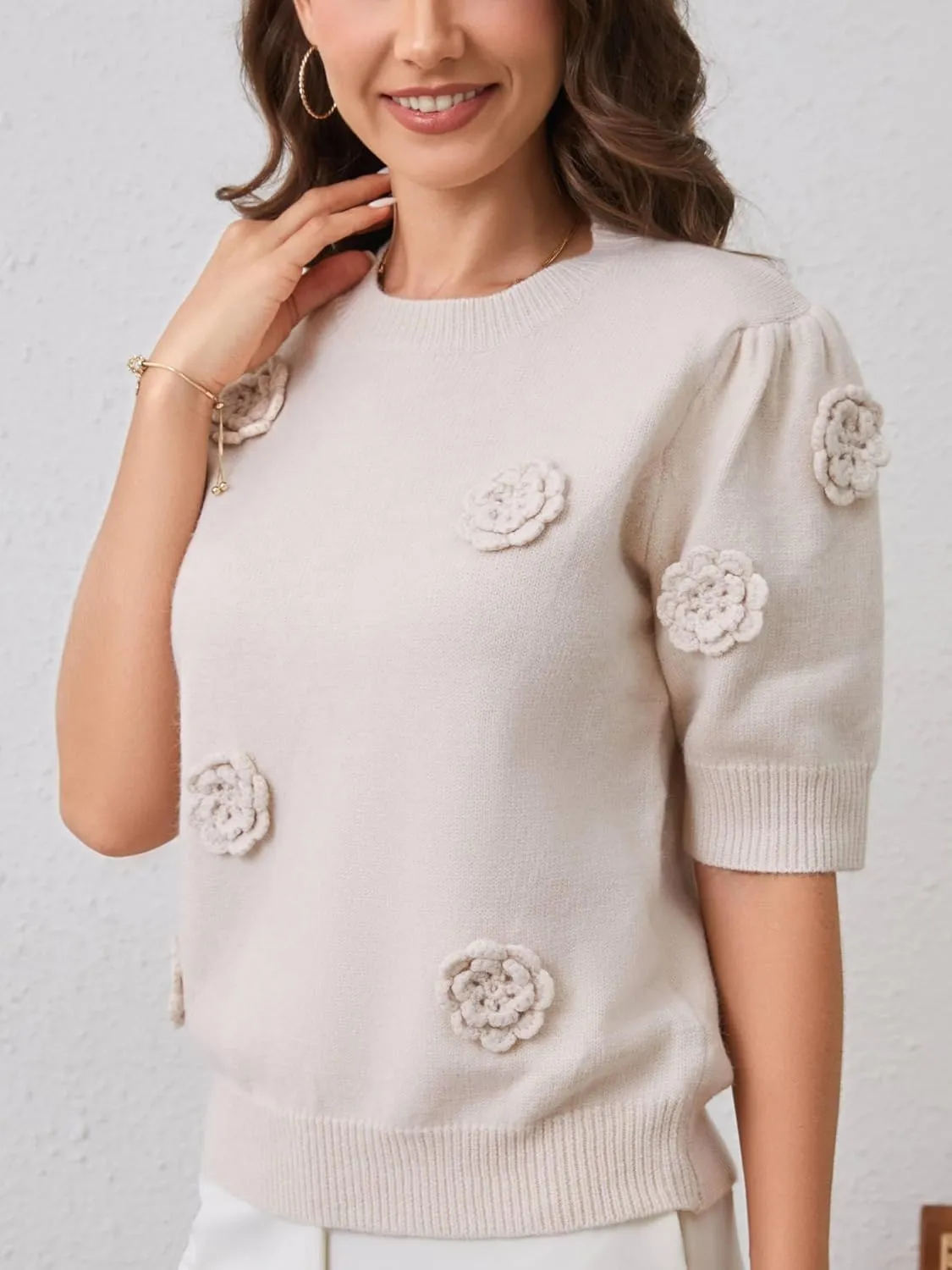2025 Summer to Fall Puff Short Sleeve Sweater Crew Neck Floral Knit Tops Trendy Lightweight Pullover for Women