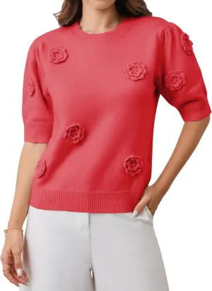 2025 Summer to Fall Puff Short Sleeve Sweater Crew Neck Floral Knit Tops Trendy Lightweight Pullover for Women