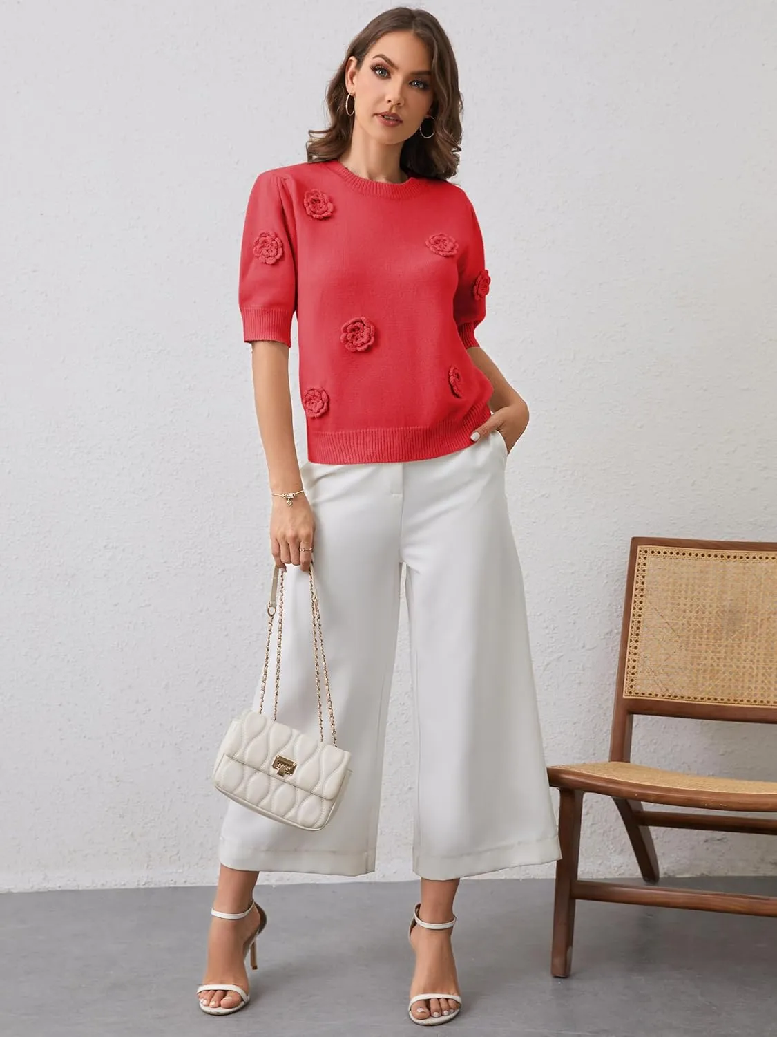 2025 Summer to Fall Puff Short Sleeve Sweater Crew Neck Floral Knit Tops Trendy Lightweight Pullover for Women