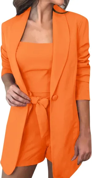 3 Piece Blazer Sets for Women Open Front Button Blazer   Crop Tops   Shorts Bottoms with Belt Business Suit Sets