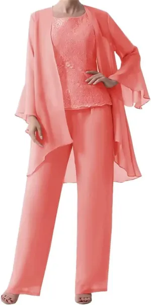 3 Pieces Mother of The Bride Dresses Pant Suits with Jackets Chiffon Jumpsuits Set Formal Evening Gown