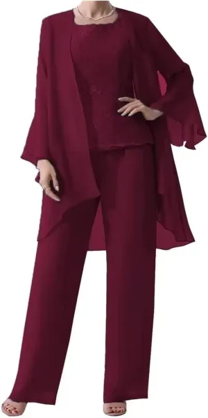 3 Pieces Mother of The Bride Pant Suits with Jackets for Wedding Lace Chiffon Formal Evening Gown