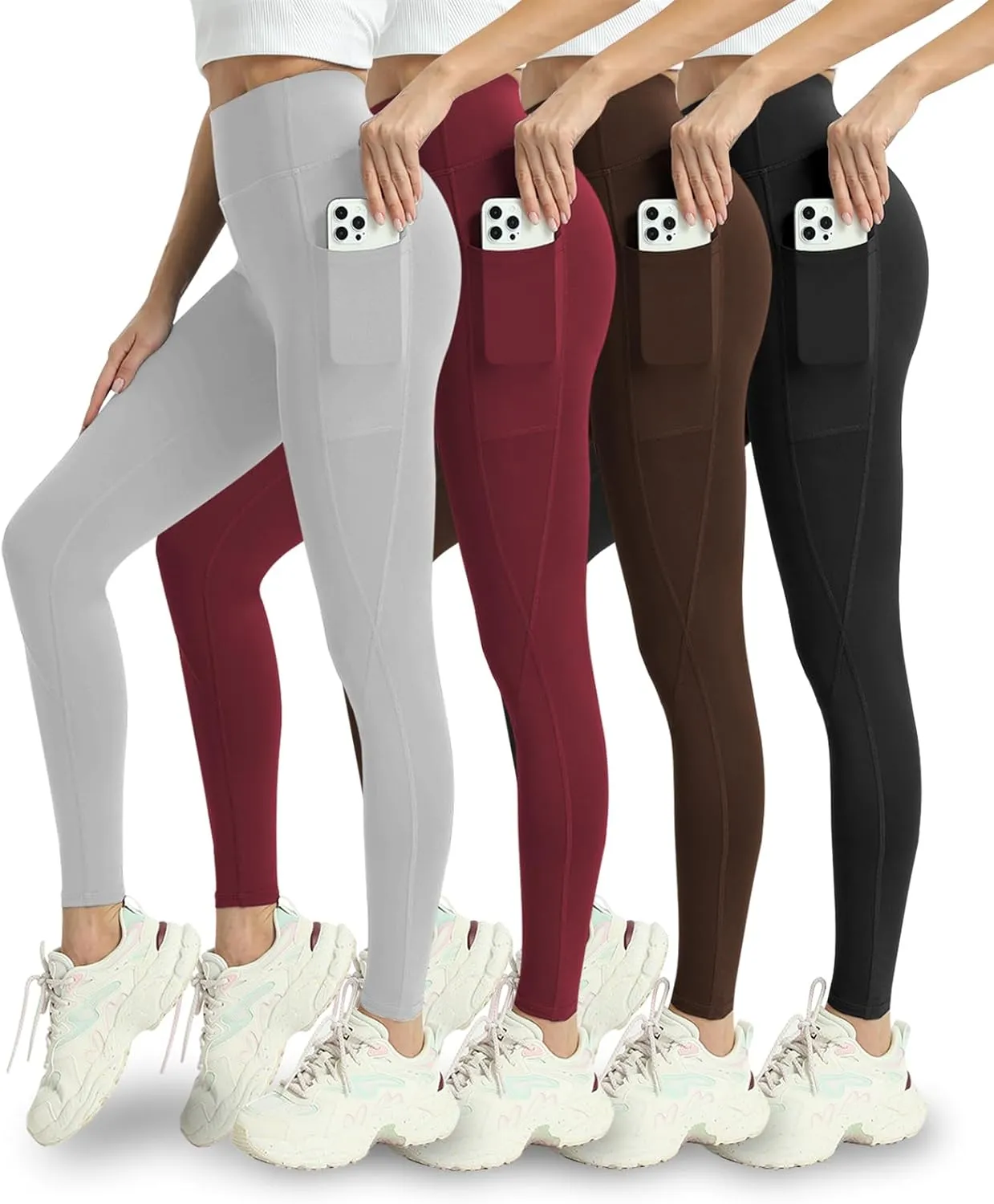 4 Pack Leggings with Pockets for Women - Soft High Waisted Tummy Control Workout Yoga Pants