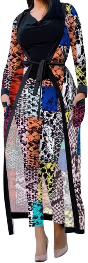 A ADILACA Women's 2 Piece Print Outfits Clubwear Long Sleeve Open Cardigan Pants Set Suits (7 Color, S-2XL)