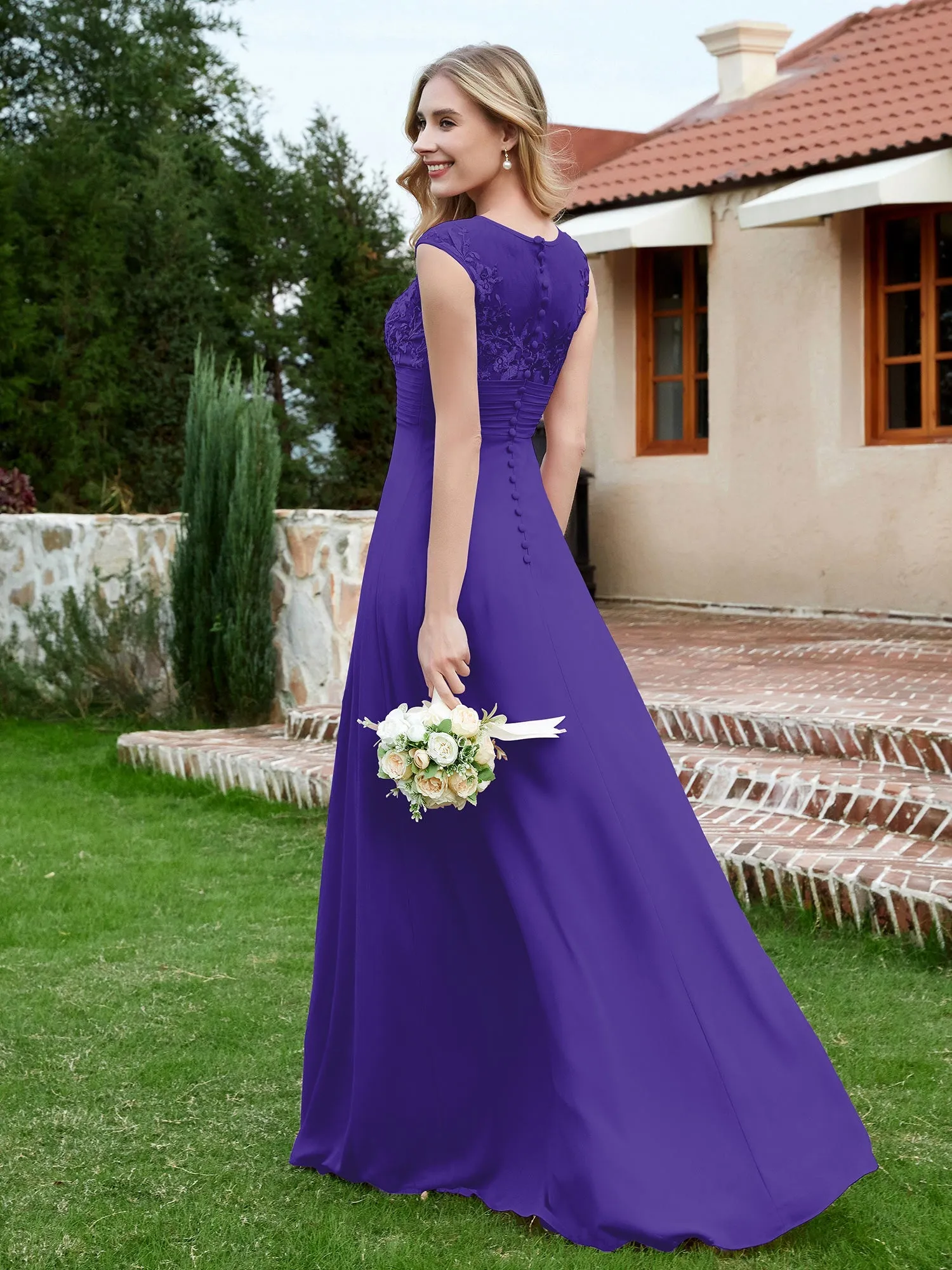 A-Line Chiffon Dress with Illusion Neckline Regency