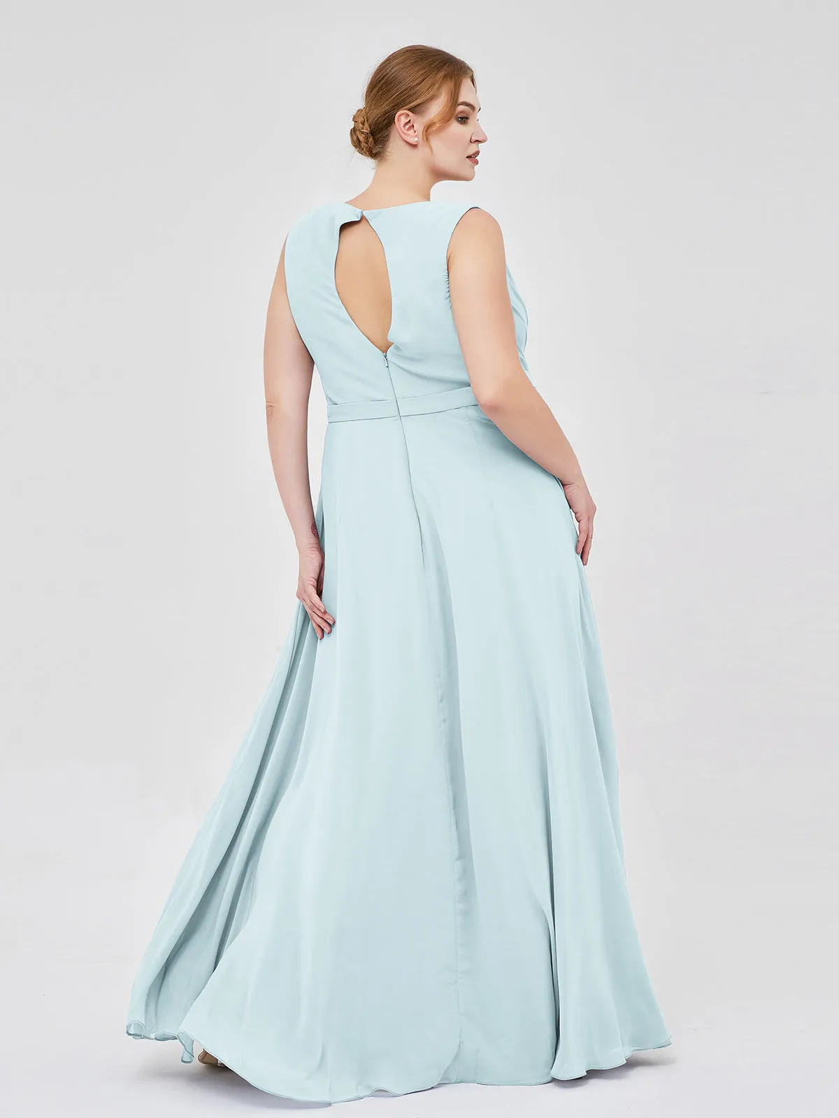 A-line Chiffon Open Back Dress With V-Neck Mist Plus Size