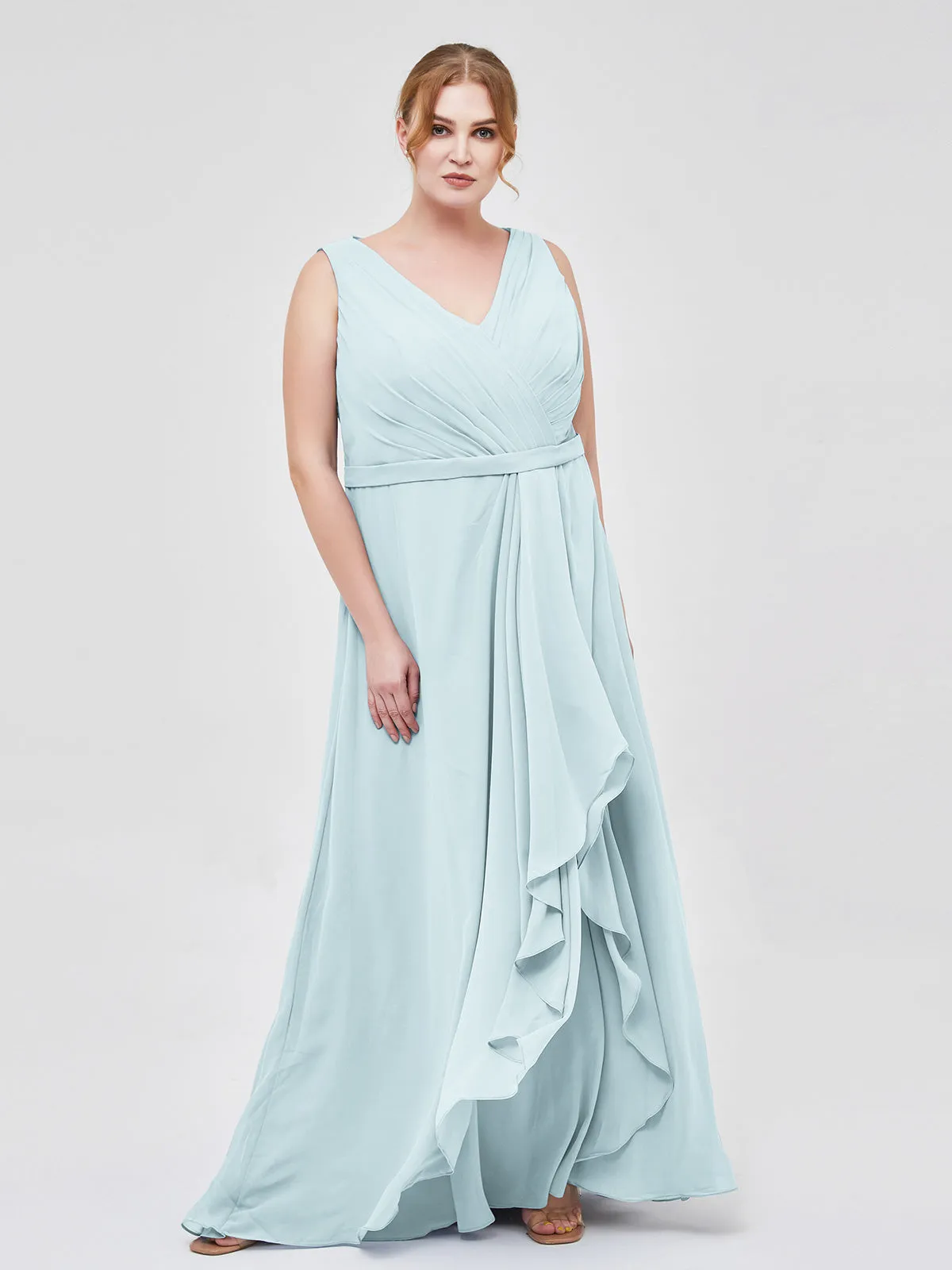 A-line Chiffon Open Back Dress With V-Neck Mist Plus Size