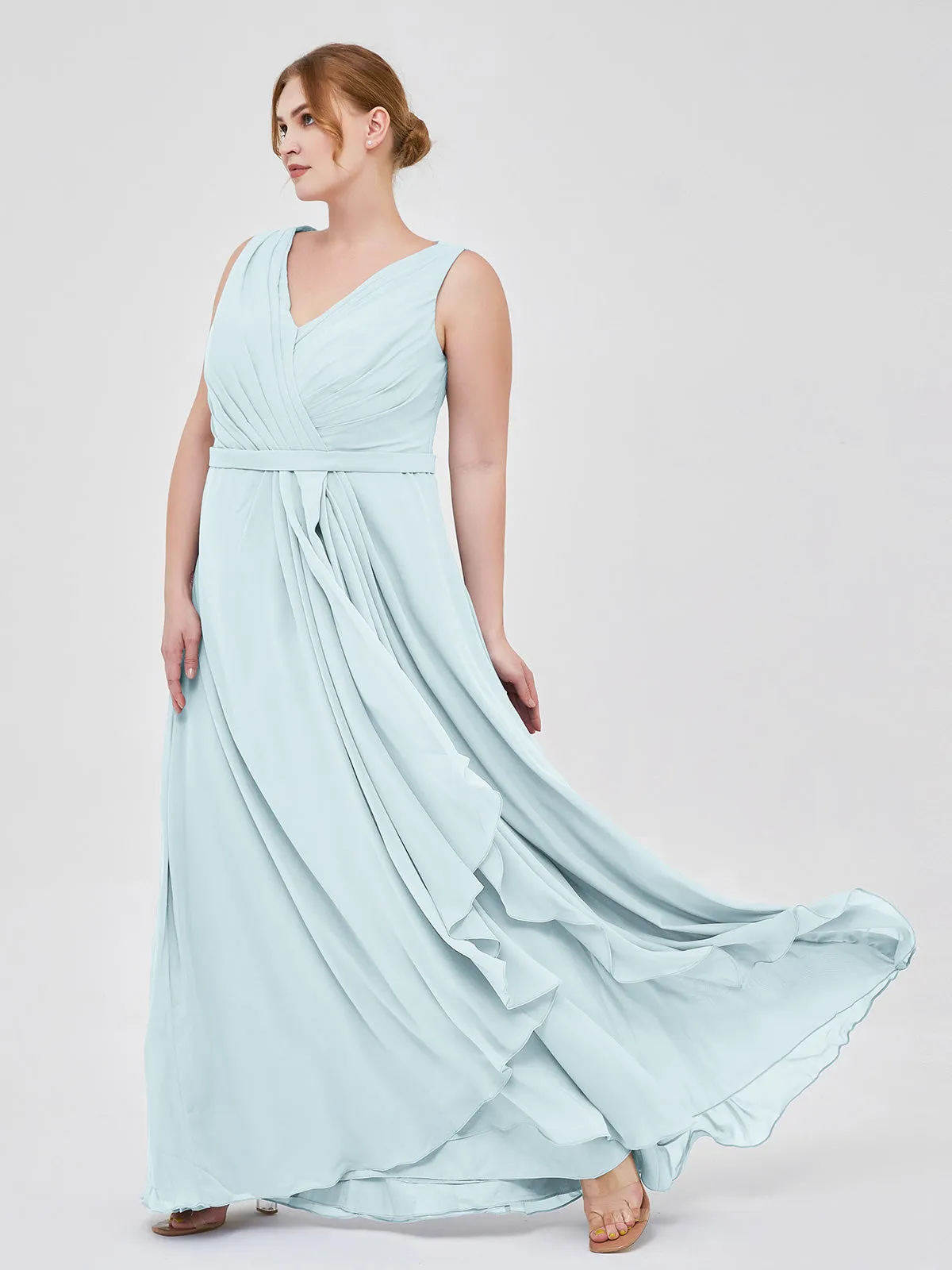 A-line Chiffon Open Back Dress With V-Neck Mist Plus Size