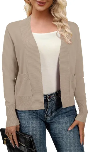 AAMILIFE Womens Long Sleeve Cardigan Knit Sweaters Bolero Open Front Short Shrugs Cropped Cardigan with Pocket
