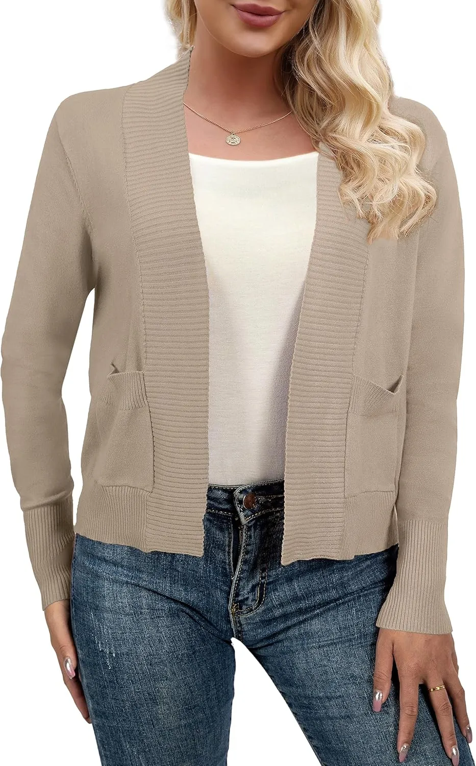 AAMILIFE Womens Long Sleeve Cardigan Knit Sweaters Bolero Open Front Short Shrugs Cropped Cardigan with Pocket