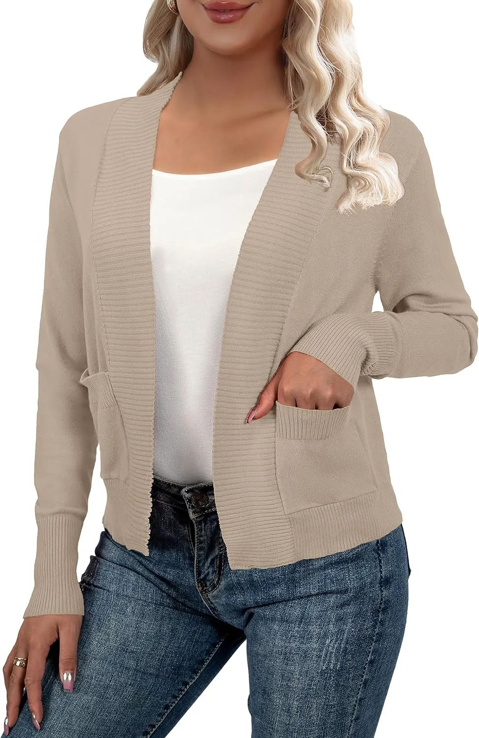 AAMILIFE Womens Long Sleeve Cardigan Knit Sweaters Bolero Open Front Short Shrugs Cropped Cardigan with Pocket