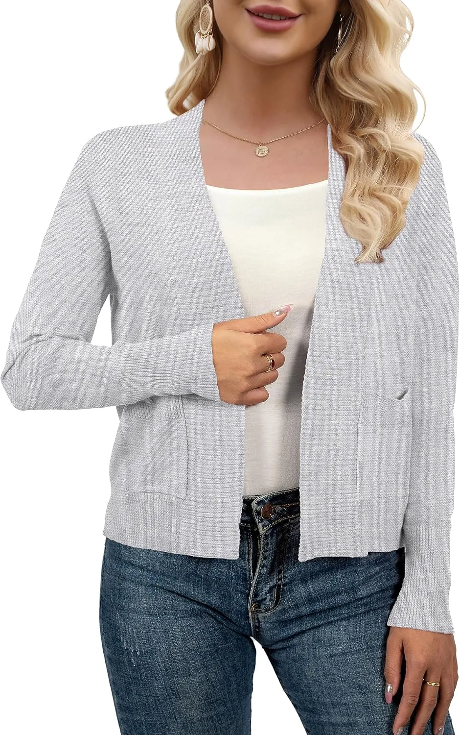 AAMILIFE Womens Long Sleeve Cardigan Knit Sweaters Bolero Open Front Short Shrugs Cropped Cardigan with Pocket