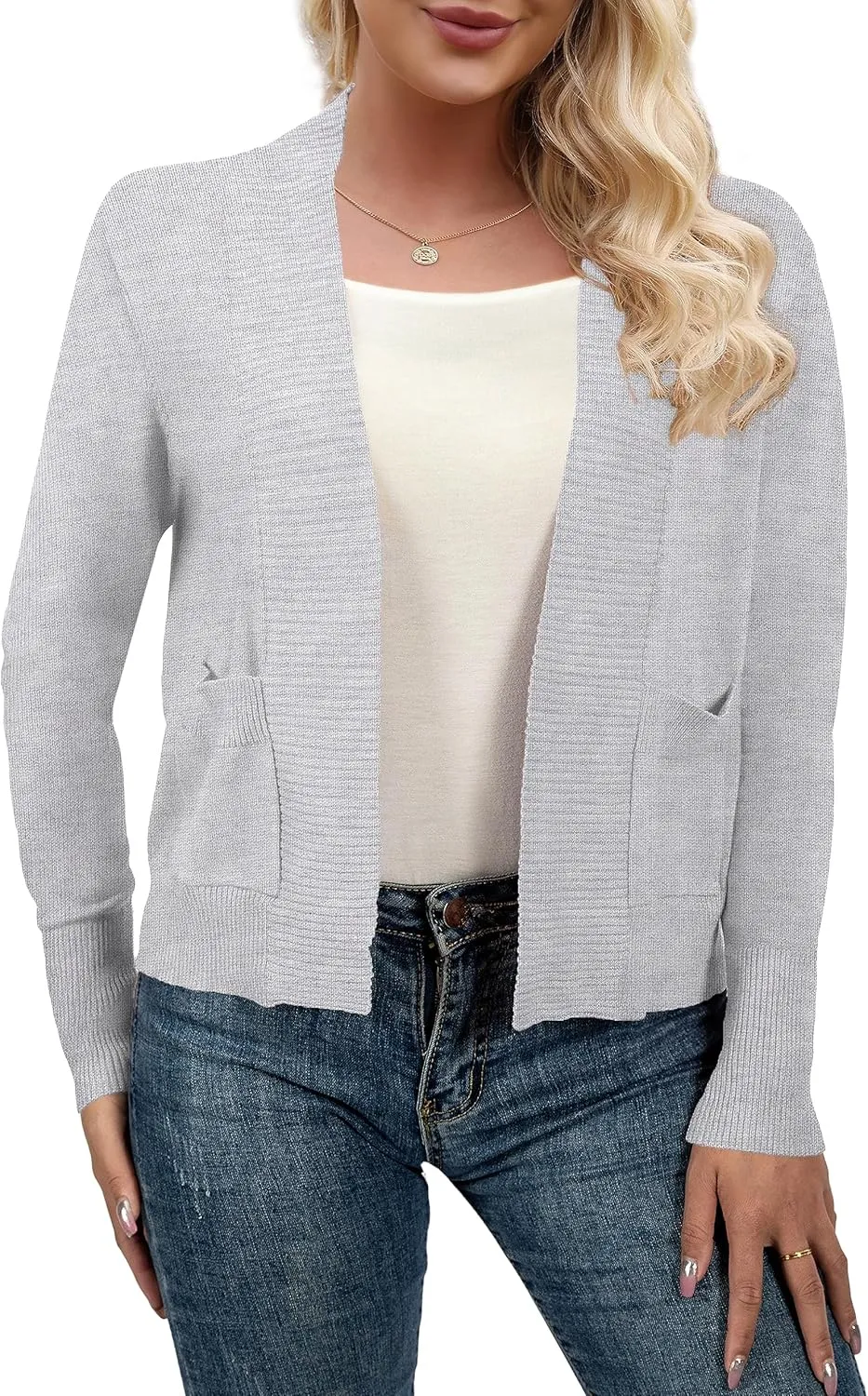 AAMILIFE Womens Long Sleeve Cardigan Knit Sweaters Bolero Open Front Short Shrugs Cropped Cardigan with Pocket