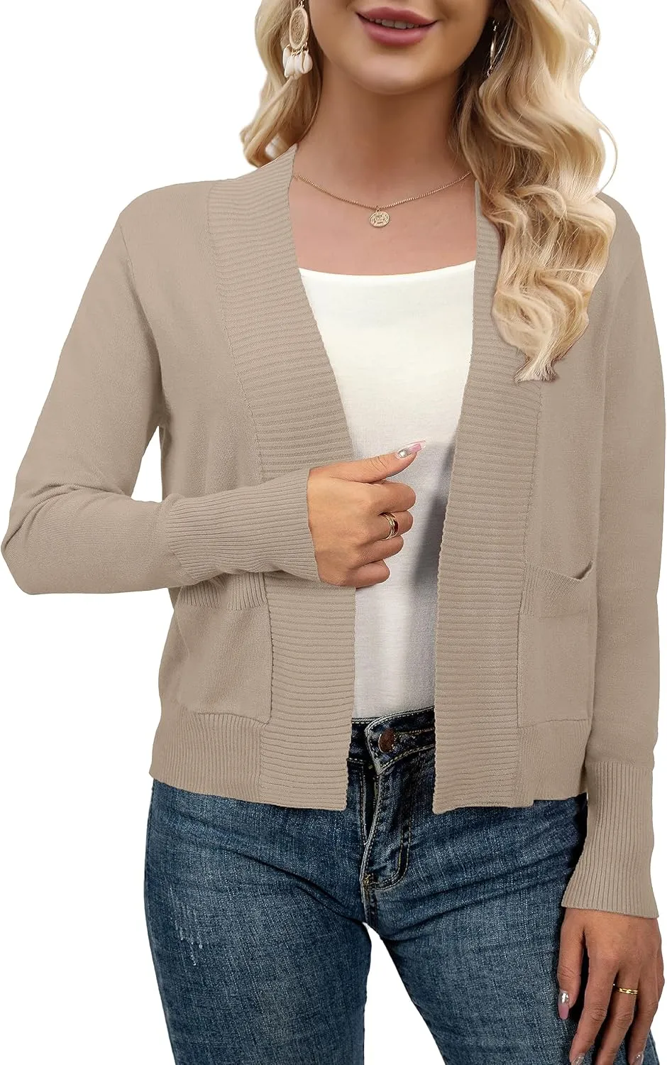 AAMILIFE Womens Long Sleeve Cardigan Knit Sweaters Bolero Open Front Short Shrugs Cropped Cardigan with Pocket