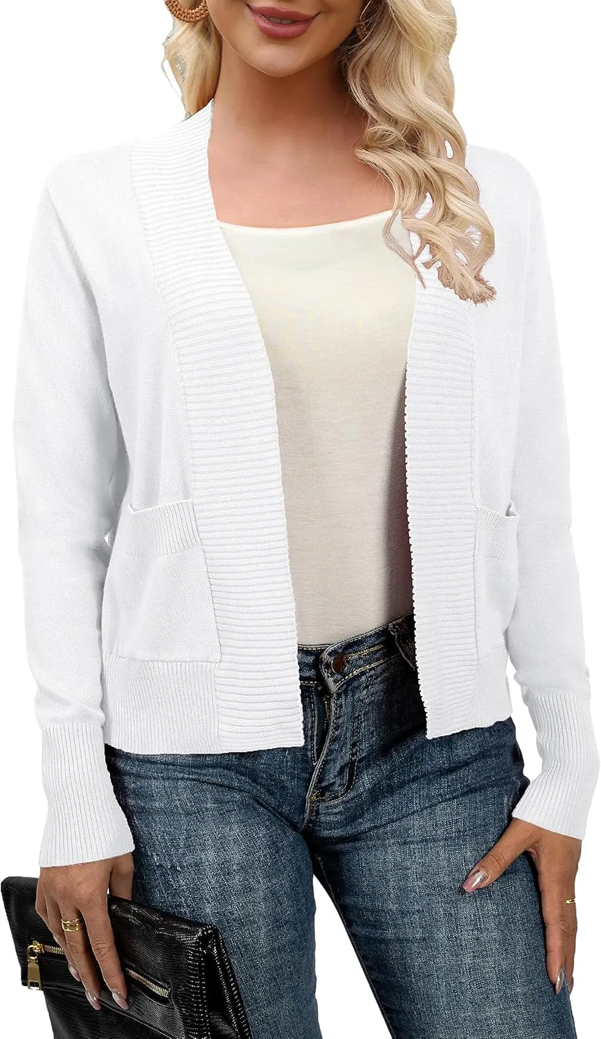 AAMILIFE Womens Long Sleeve Cardigan Knit Sweaters Bolero Open Front Short Shrugs Cropped Cardigan with Pocket