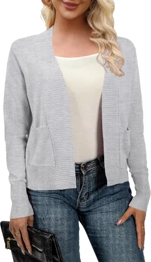 AAMILIFE Womens Long Sleeve Cardigan Knit Sweaters Bolero Open Front Short Shrugs Cropped Cardigan with Pocket