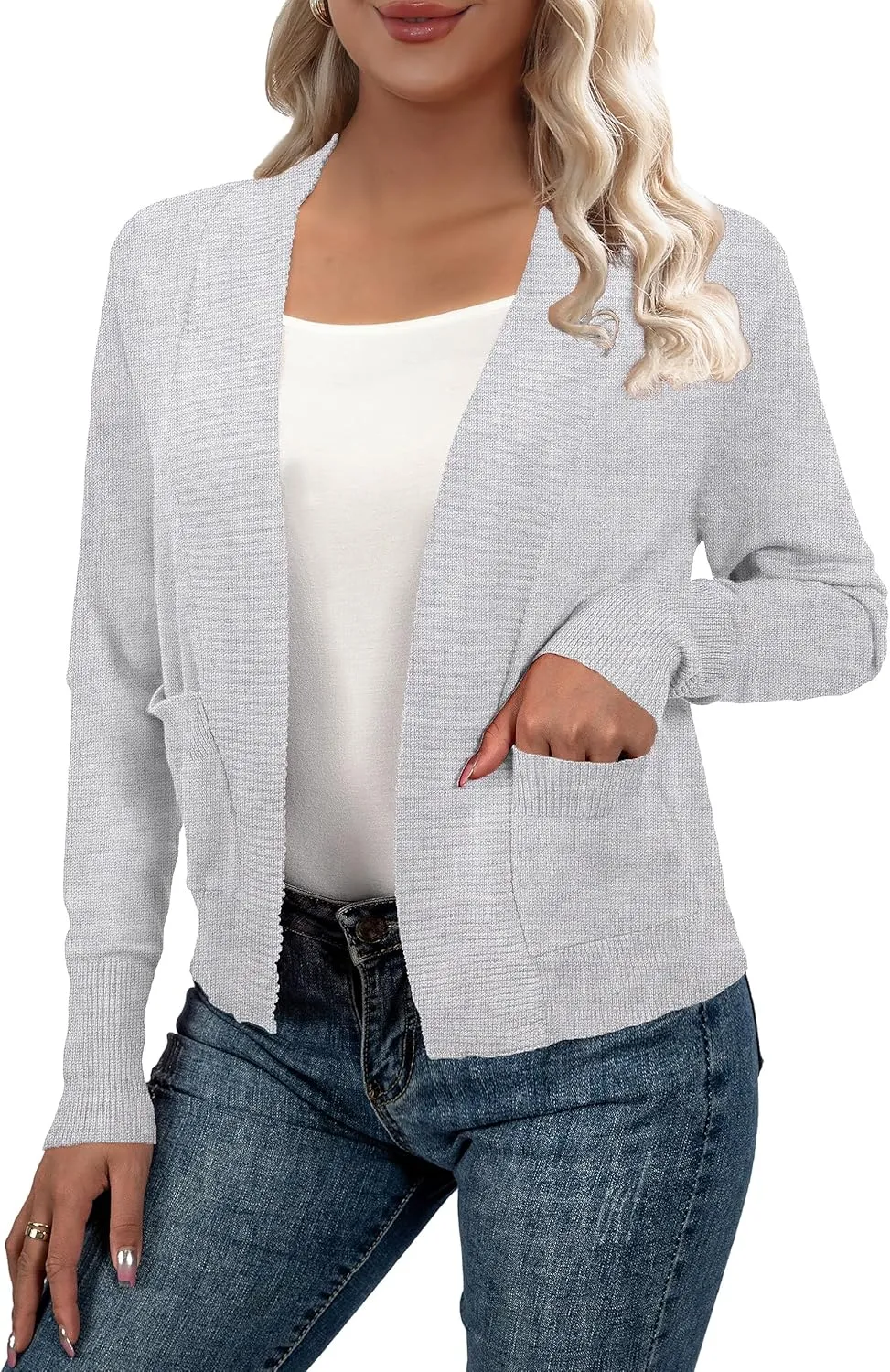 AAMILIFE Womens Long Sleeve Cardigan Knit Sweaters Bolero Open Front Short Shrugs Cropped Cardigan with Pocket