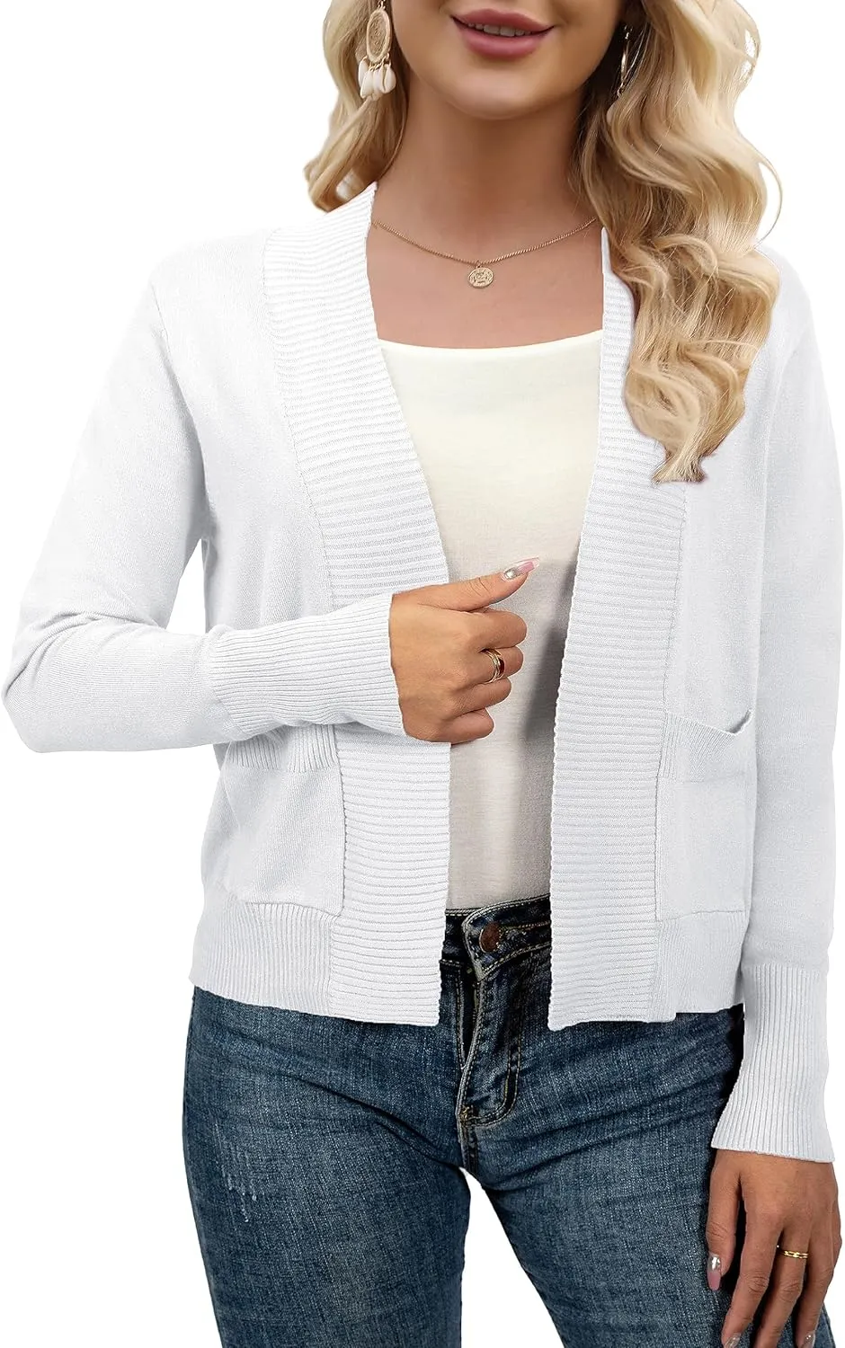 AAMILIFE Womens Long Sleeve Cardigan Knit Sweaters Bolero Open Front Short Shrugs Cropped Cardigan with Pocket