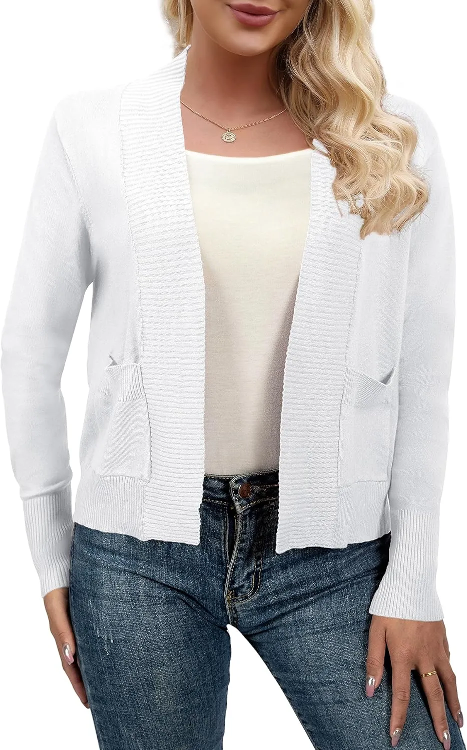 AAMILIFE Womens Long Sleeve Cardigan Knit Sweaters Bolero Open Front Short Shrugs Cropped Cardigan with Pocket