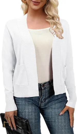 AAMILIFE Womens Long Sleeve Cardigan Knit Sweaters Bolero Open Front Short Shrugs Cropped Cardigan with Pocket
