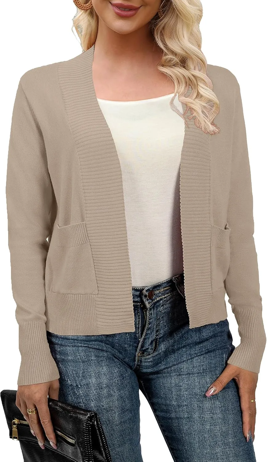 AAMILIFE Womens Long Sleeve Cardigan Knit Sweaters Bolero Open Front Short Shrugs Cropped Cardigan with Pocket