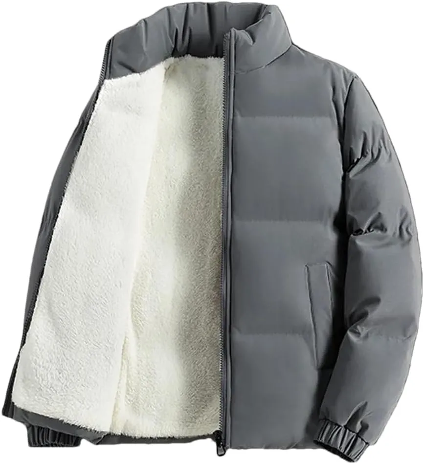 Adhdyuud Men Jacket Fleece Thickened Cotton Padded Jackets Casual Stand Collar Coats With Zipper Pocket gray9 3XL (73kg-80kg)