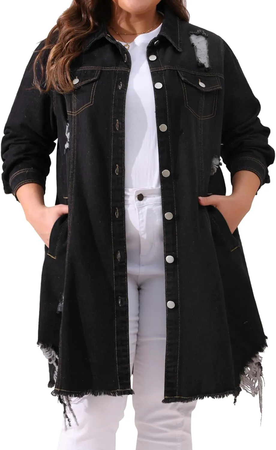 Agnes Orinda Jean Jacket for Women Plus Size Distressed Long Sleeve Oversized Denim Trucker Jackets