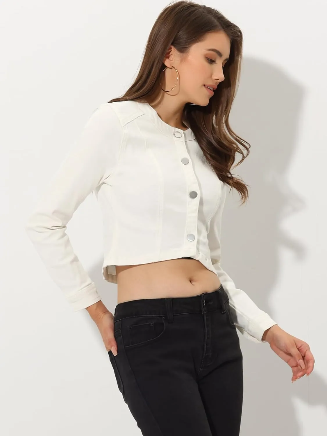Allegra K Denim Jacket for Women's Collarless Button Down Crop Jean Jackets