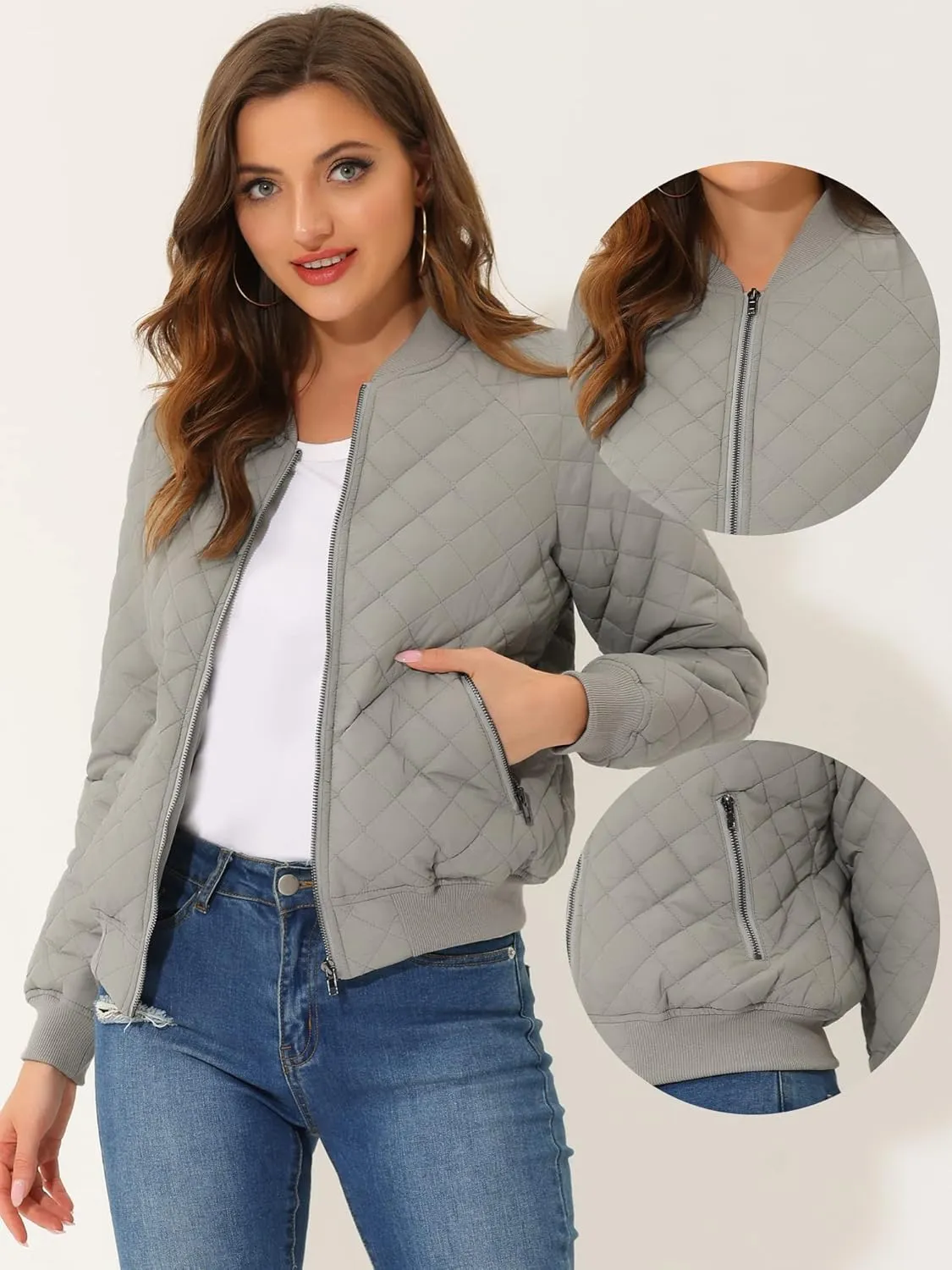 Allegra K Quilted Bomber Jacket for Women's Zip Up Raglan Jackets