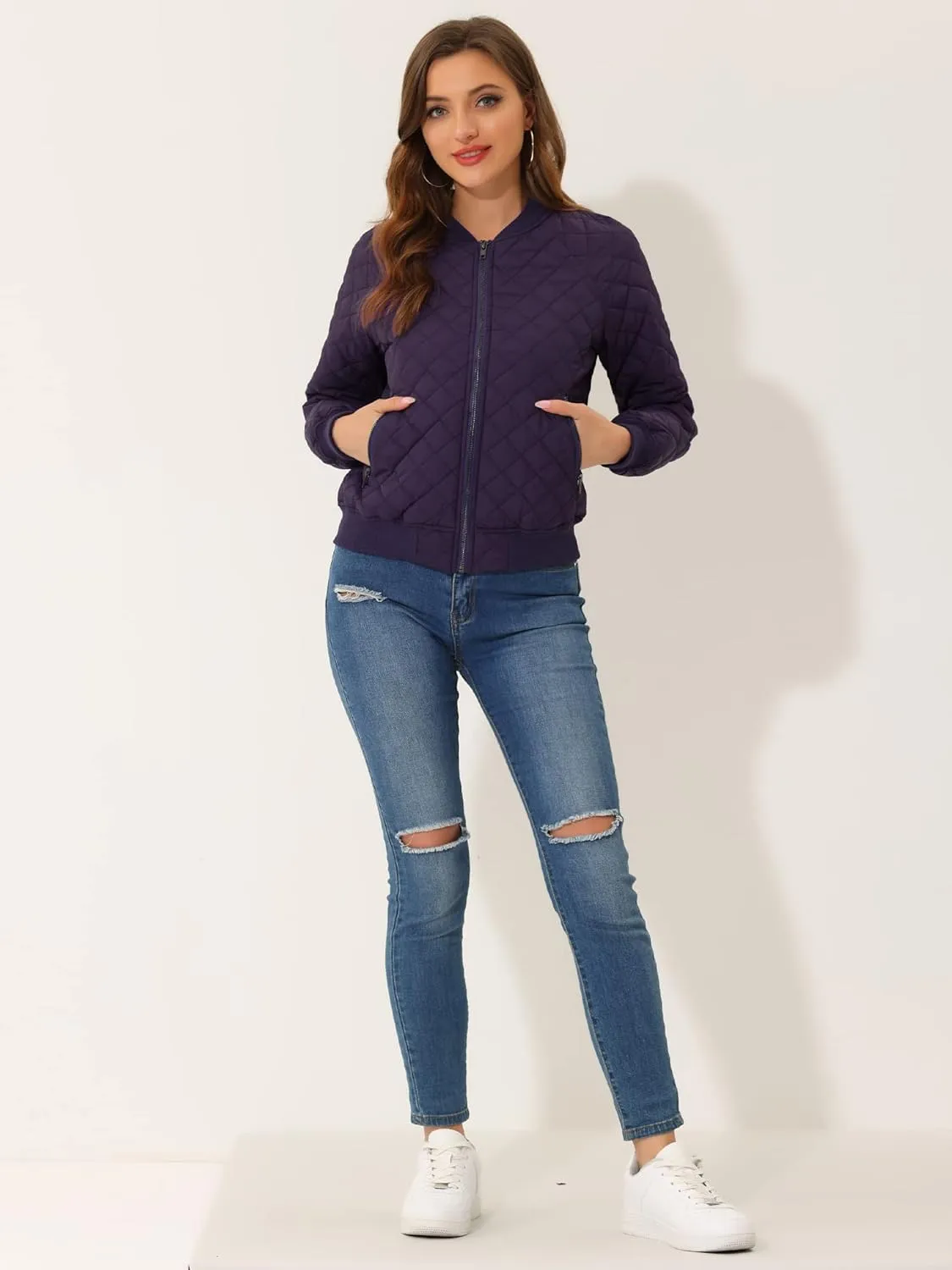 Allegra K Quilted Bomber Jacket for Women's Zip Up Raglan Jackets