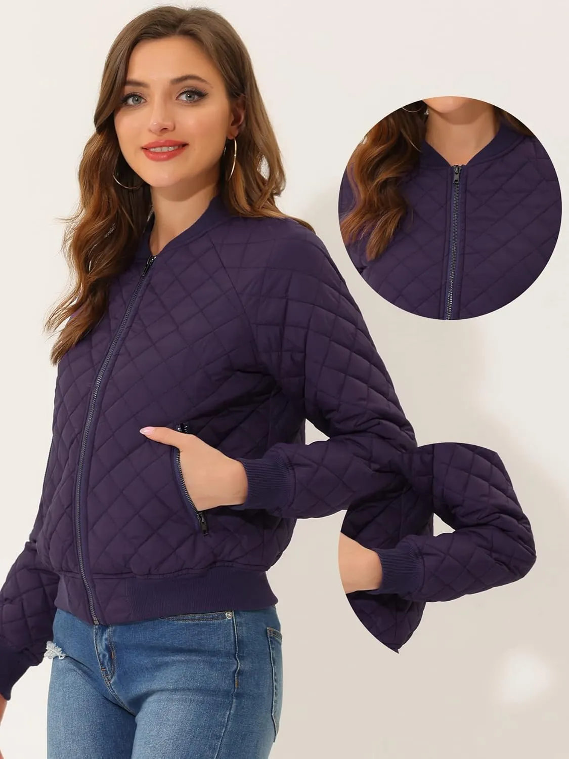 Allegra K Quilted Bomber Jacket for Women's Zip Up Raglan Jackets