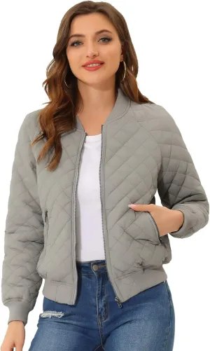 Allegra K Quilted Bomber Jacket for Women's Zip Up Raglan Jackets