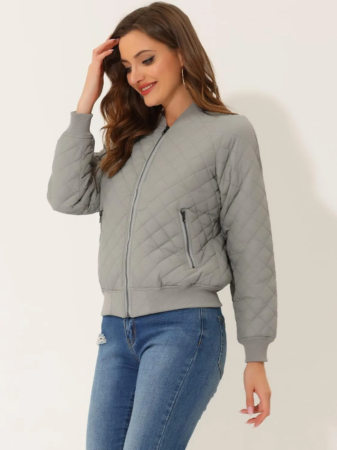 Allegra K Quilted Bomber Jacket for Women's Zip Up Raglan Jackets
