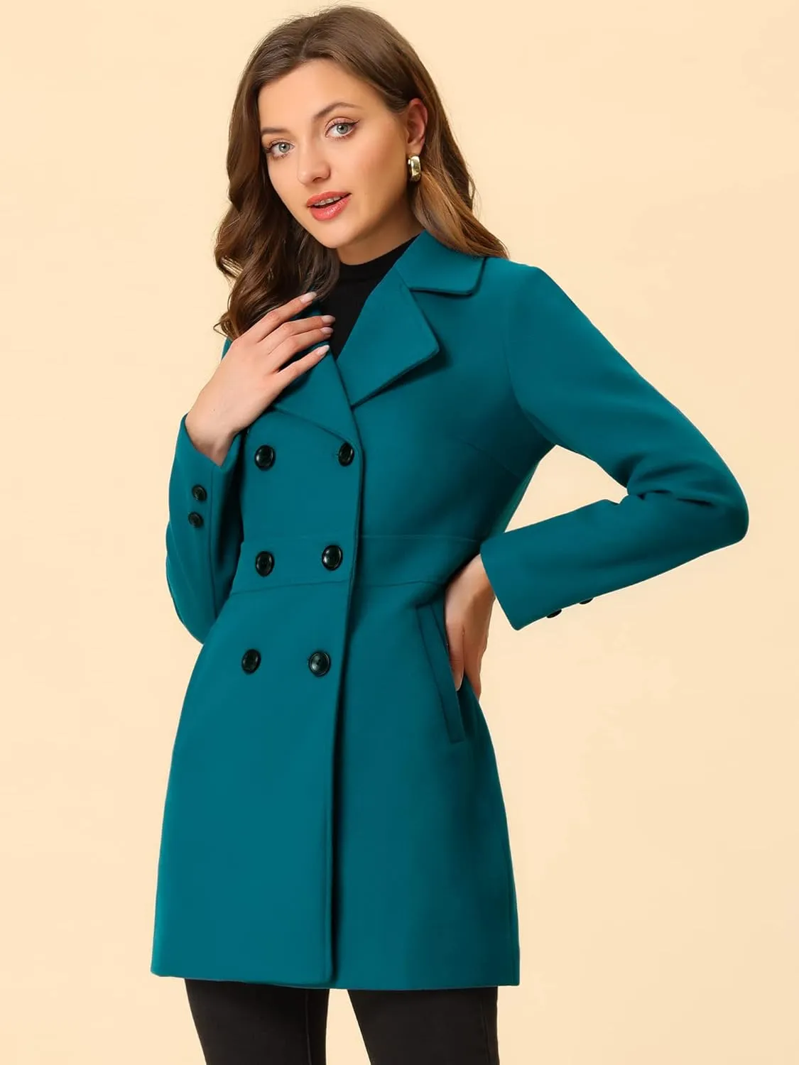Allegra K Women's 2024 Winter Outerwear Mid-Long Double Breasted Pea Coat