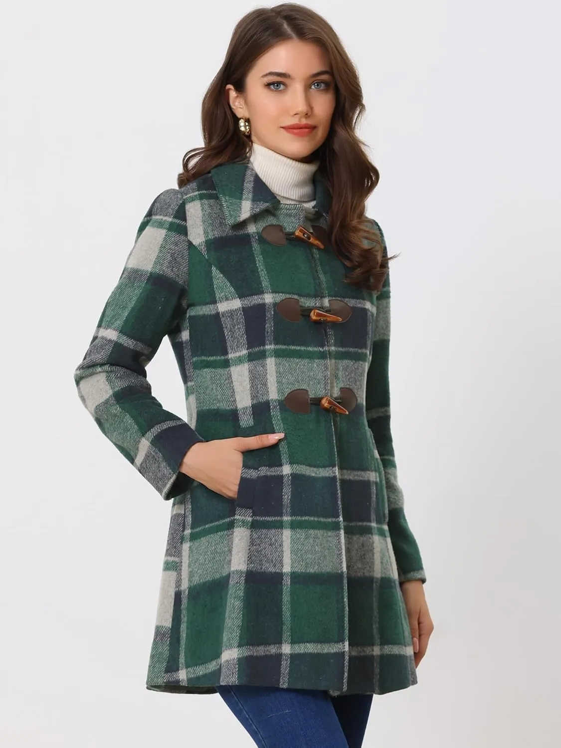 Allegra K Women's Christmas Toggle Outerwear Turn Down Collar Winter Plaid Duffle Coat