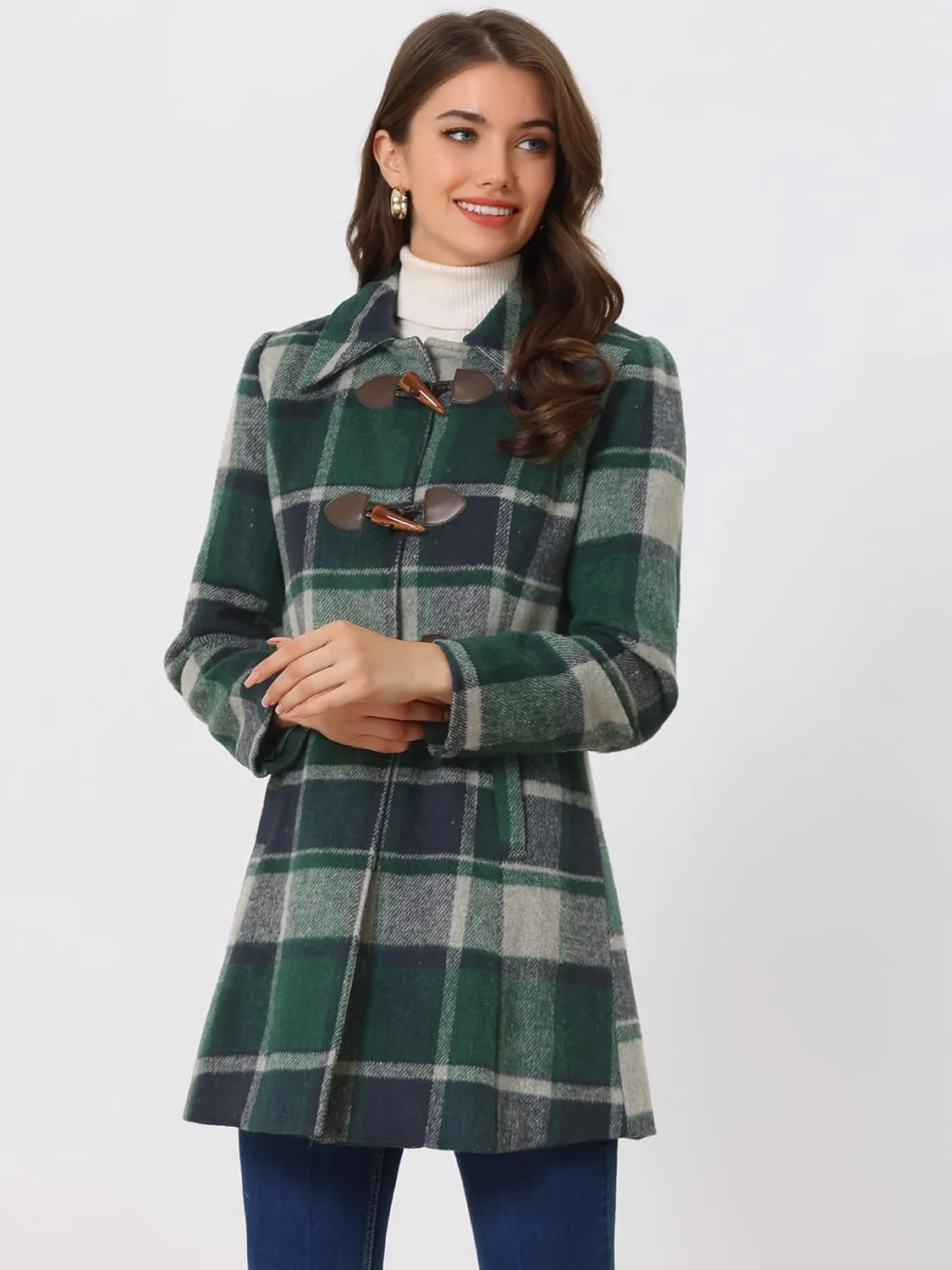 Allegra K Women's Christmas Toggle Outerwear Turn Down Collar Winter Plaid Duffle Coat