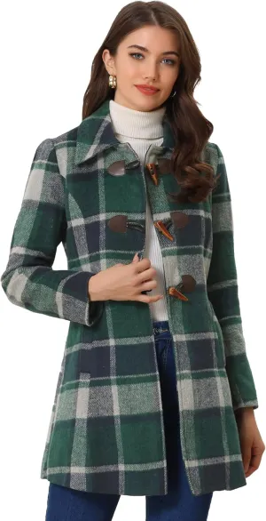 Allegra K Women's Christmas Toggle Outerwear Turn Down Collar Winter Plaid Duffle Coat