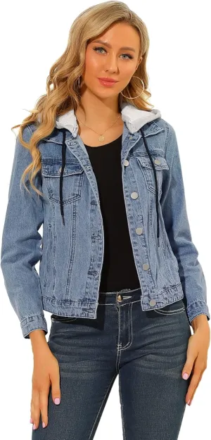Allegra K Women's Jean Jacket Button Up Drawstring Detachable Hoodie Denim Jackets