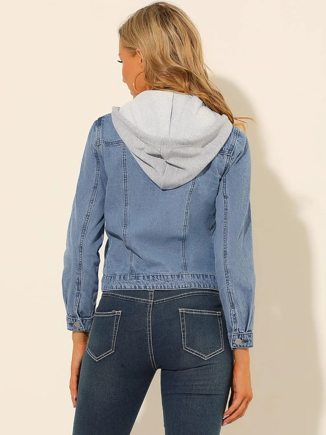 Allegra K Women's Jean Jacket Button Up Drawstring Detachable Hoodie Denim Jackets