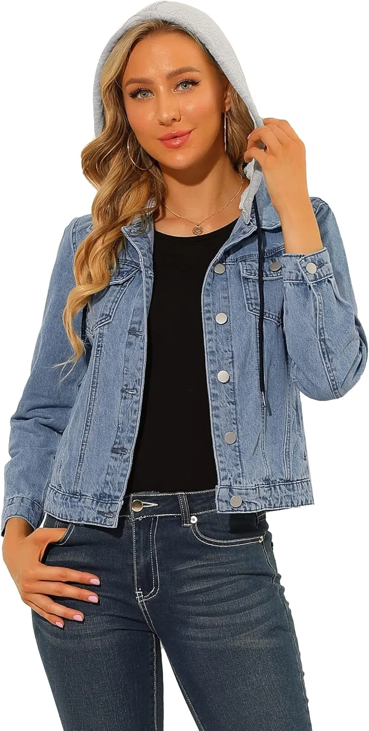 Allegra K Women's Jean Jacket Button Up Drawstring Detachable Hoodie Denim Jackets