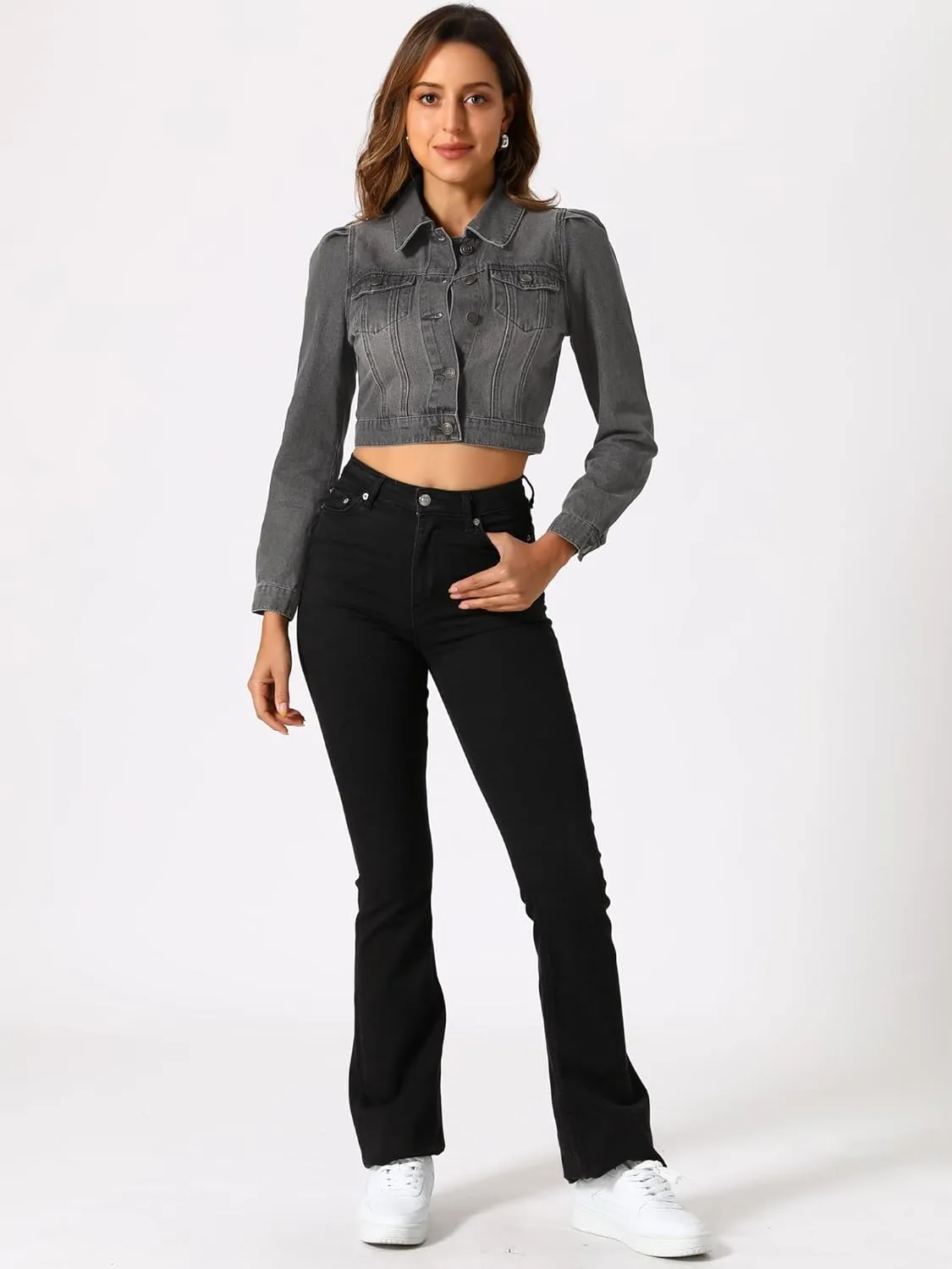 Allegra K Women's Jean Jackets Puff Sleeve Button Up Cropped Denim Jacket